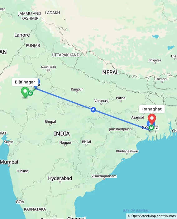 Route map showing distance and travel time from Bijainagar, India to Ranaghat, India