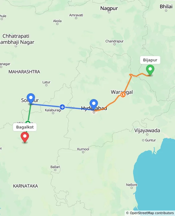 Route map showing distance and travel time from Bijapur, India to Bagalkot, India