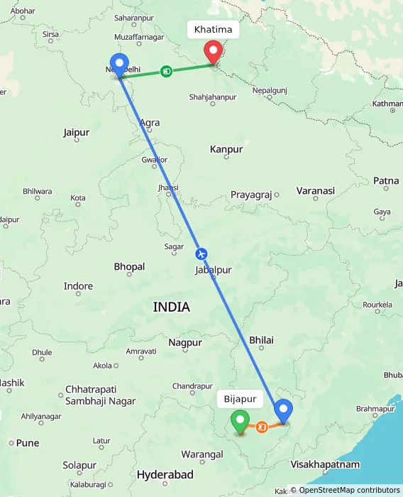 Route map showing distance and travel time from Bijapur, India to Khatima, India