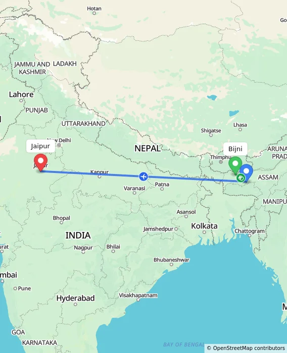 Route map showing distance and travel time from Bijni, India to Jaipur, India