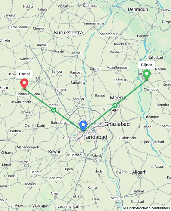 Route map showing distance and travel time from Bijnor, India to Hansi, India