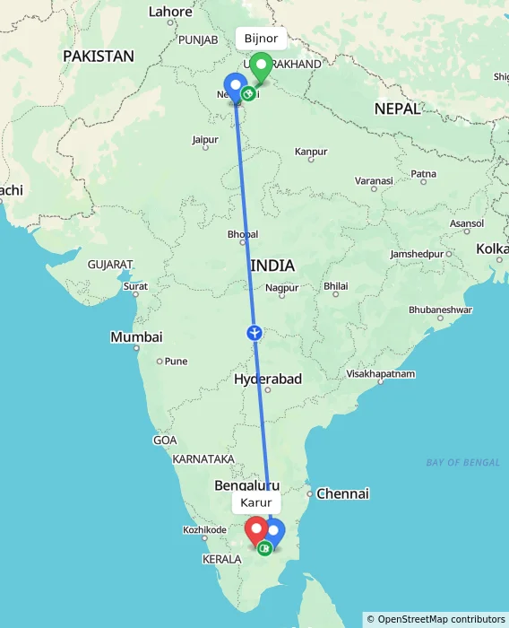 Route map showing distance and travel time from Bijnor, India to Karur, India
