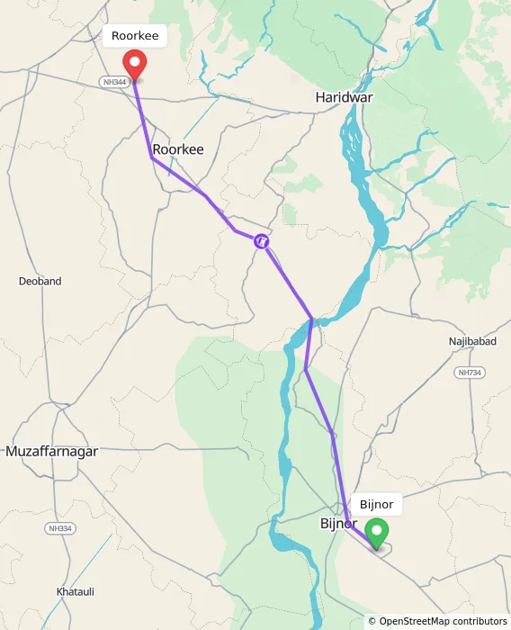 Route map showing distance and travel time from Bijnor, India to Roorkee, India