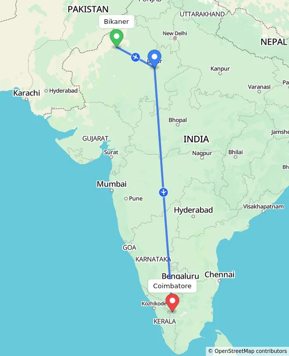 Route map showing distance and travel time from Bikaner, India to Coimbatore, India
