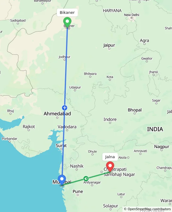Route map showing distance and travel time from Bikaner, India to Jalna, India