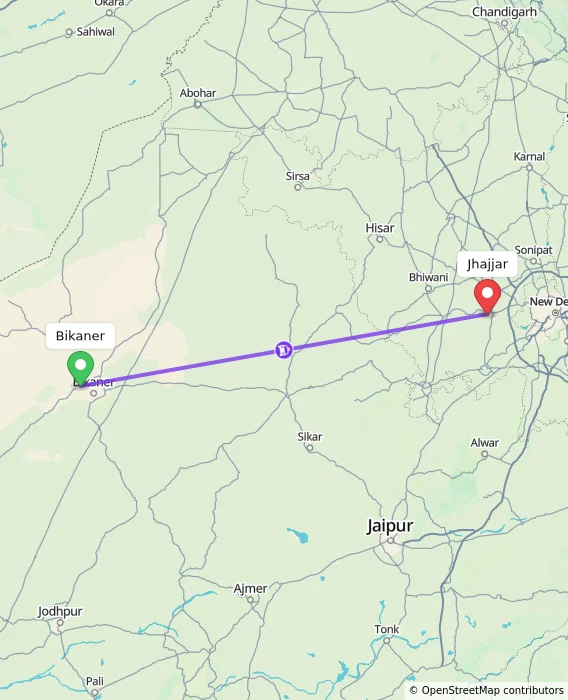 Route map showing distance and travel time from Bikaner, India to Jhajjar, India