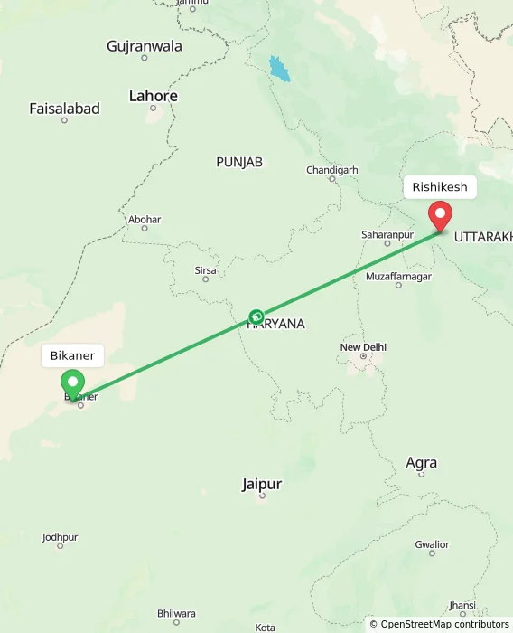 Route map showing distance and travel time from Bikaner, India to Rishikesh, India
