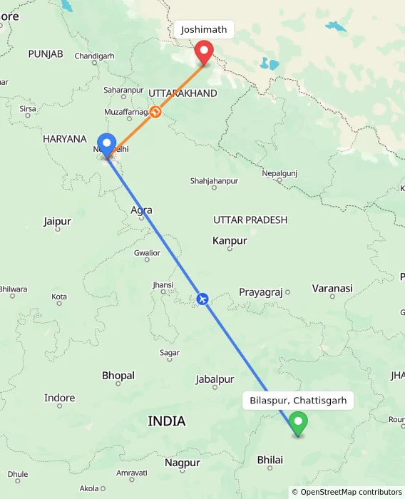 Route map showing distance and travel time from Bilaspur, Chattisgarh, India to Joshimath, India