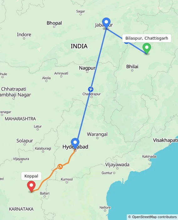 Route map showing distance and travel time from Bilaspur, Chattisgarh, India to Koppal, India