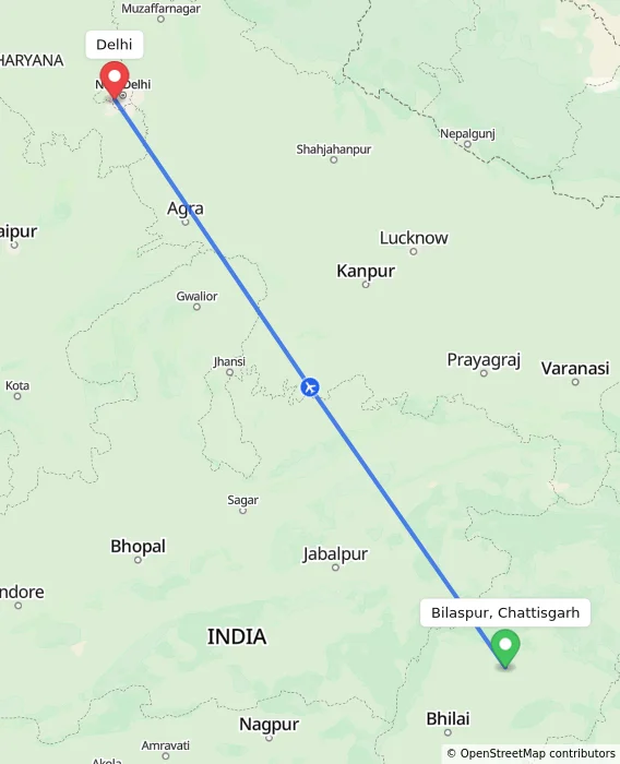 Route map showing distance and travel time from Bilaspur, Chattisgarh, India to Delhi, India