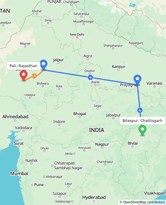 Route map showing distance and travel time from Bilaspur, Chattisgarh, India to Pali, Rajasthan, India