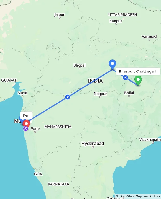 Route map showing distance and travel time from Bilaspur, Chattisgarh, India to Pen, India