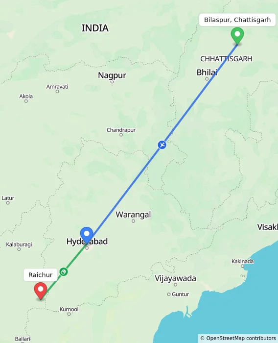 Route map showing distance and travel time from Bilaspur, Chattisgarh, India to Raichur, India