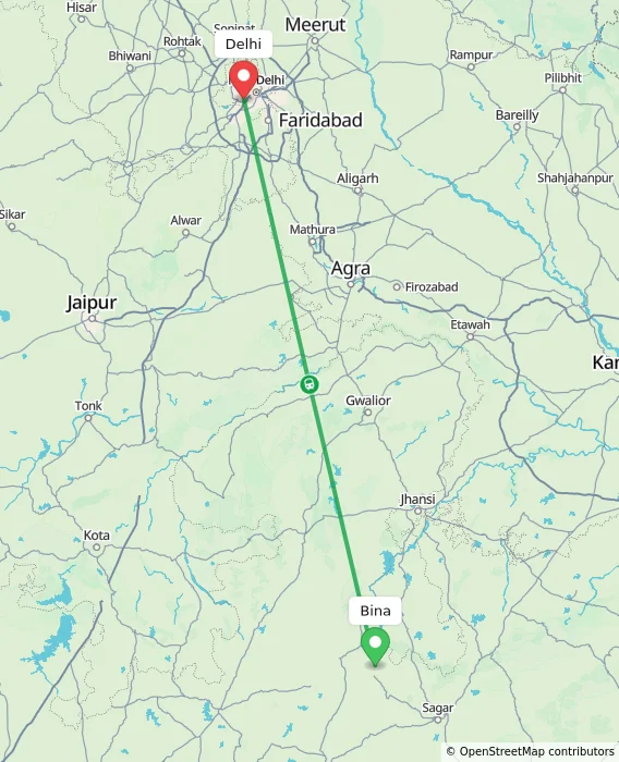 Route map showing distance and travel time from Bina, India to Delhi, India