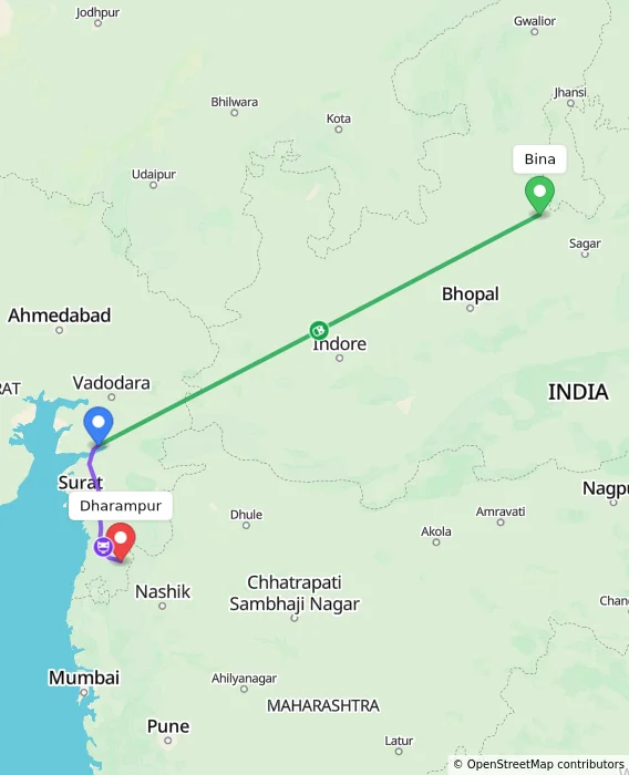 Route map showing distance and travel time from Bina, India to Dharampur, India