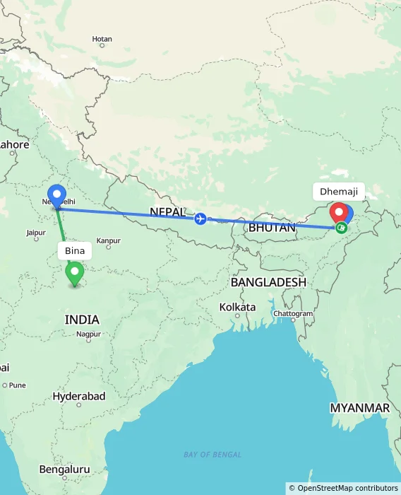 Route map showing distance and travel time from Bina, India to Dhemaji, India
