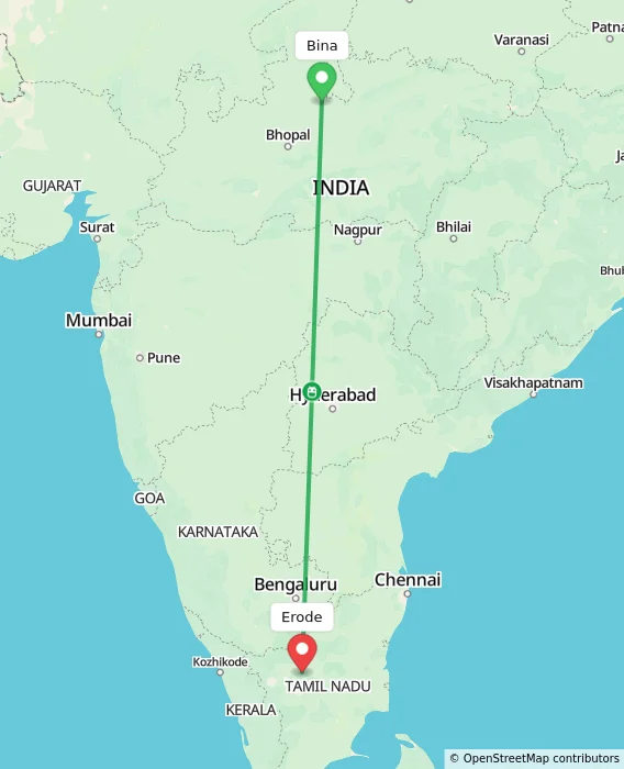 Route map showing distance and travel time from Bina, India to Erode, India