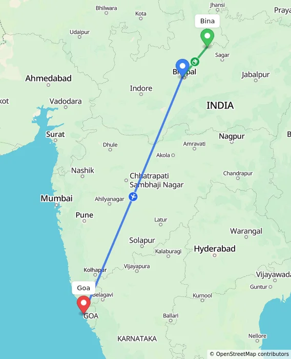 Route map showing distance and travel time from Bina, India to Goa, India