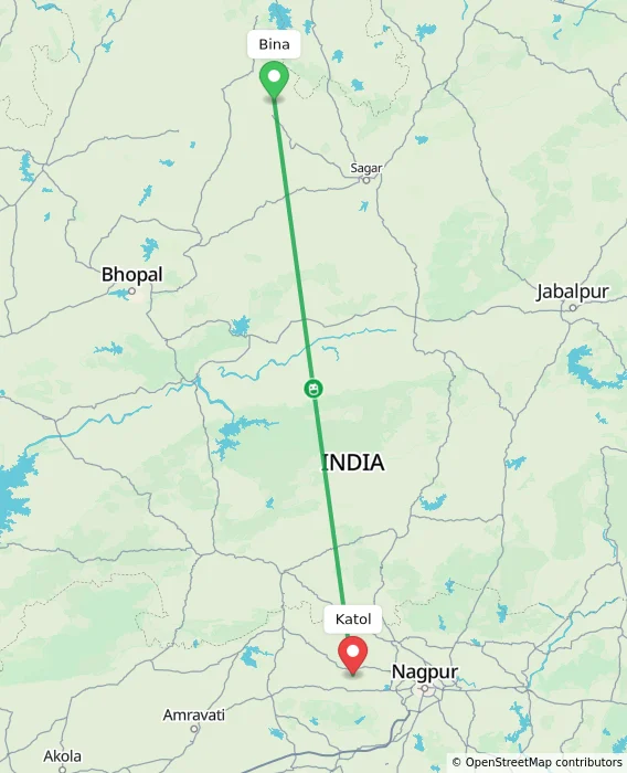 Route map showing distance and travel time from Bina, India to Katol, India