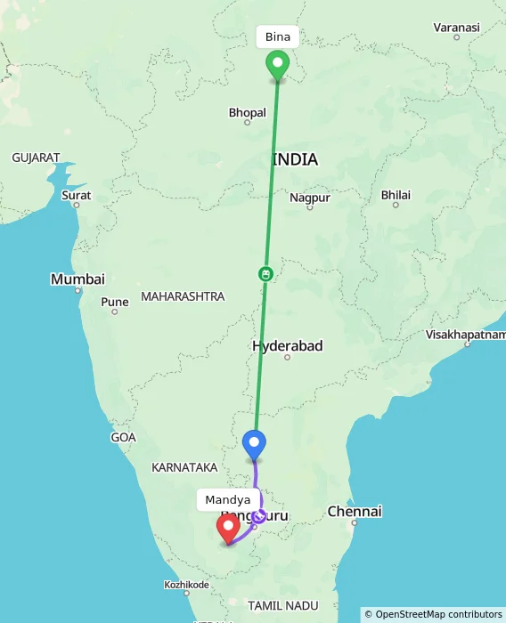 Route map showing distance and travel time from Bina, India to Mandya, India