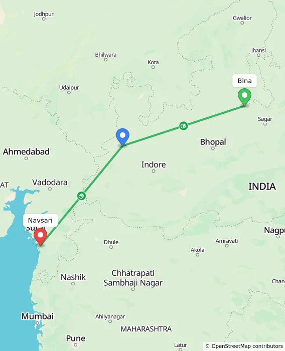 Route map showing distance and travel time from Bina, India to Navsari, India