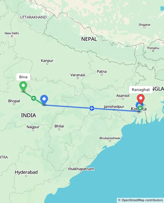 Route map showing distance and travel time from Bina, India to Ranaghat, India