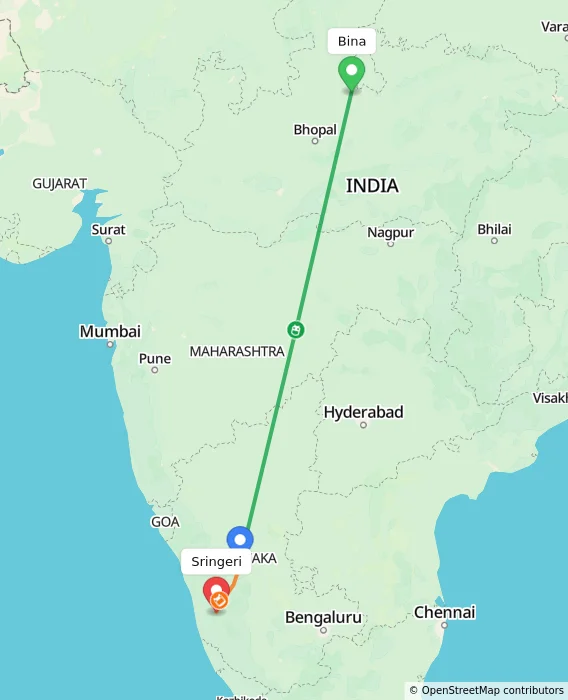 Route map showing distance and travel time from Bina, India to Sringeri, India