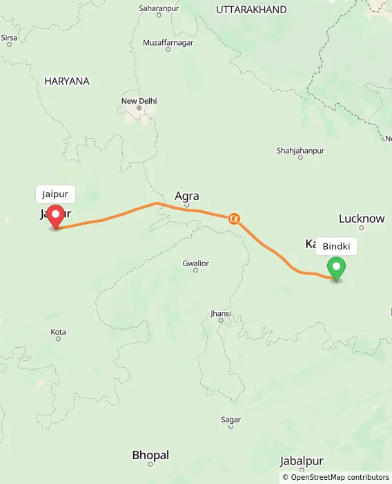 Route map showing distance and travel time from Bindki, India to Jaipur, India