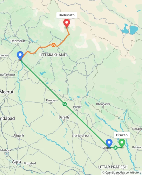 Route map showing distance and travel time from Biswan, India to Badrinath, India