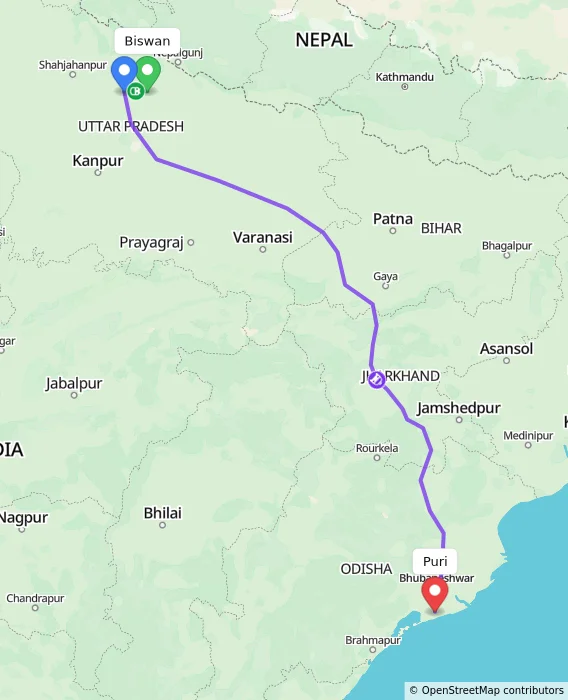 Route map showing distance and travel time from Biswan, India to Puri, India