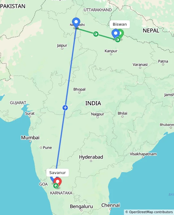 Route map showing distance and travel time from Biswan, India to Savanur, India
