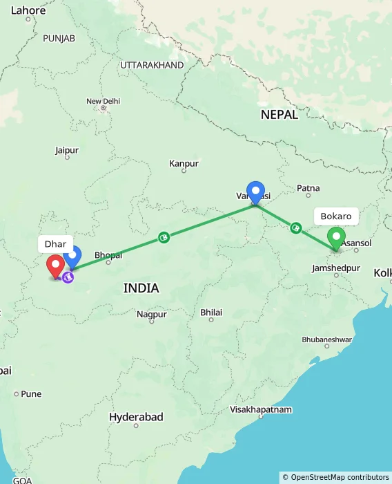 Route map showing distance and travel time from Bokaro, India to Dhar, India