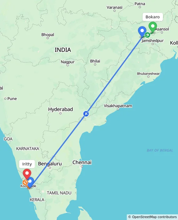 Route map showing distance and travel time from Bokaro, India to Iritty, India