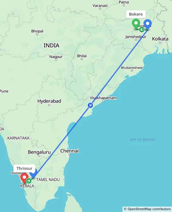 Route map showing distance and travel time from Bokaro, India to Thrissur, India
