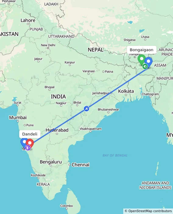 Route map showing distance and travel time from Bongaigaon, India to Dandeli, India