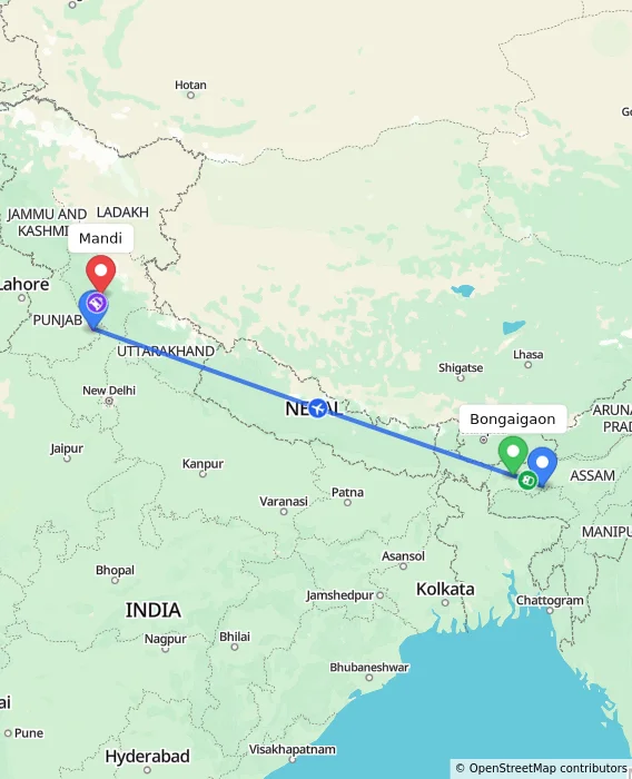 Route map showing distance and travel time from Bongaigaon, India to Mandi, India