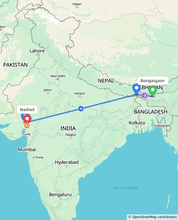 Route map showing distance and travel time from Bongaigaon, India to Nadiad, India