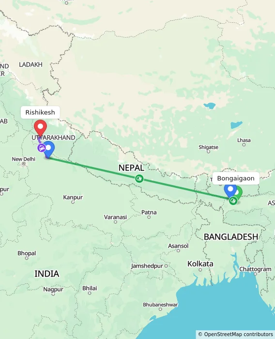 Route map showing distance and travel time from Bongaigaon, India to Rishikesh, India