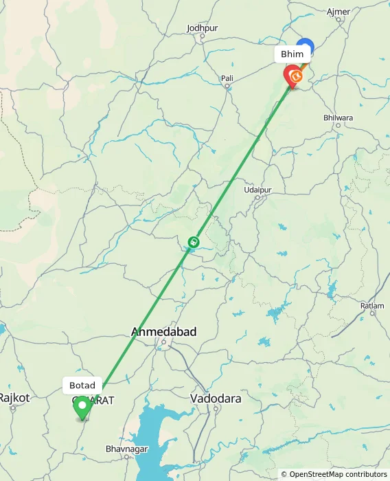 Route map showing distance and travel time from Botad, India to Bhim, India