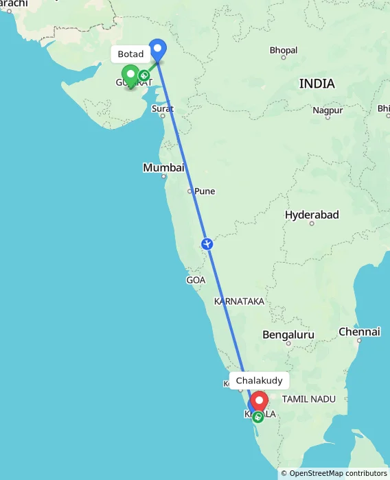Route map showing distance and travel time from Botad, India to Chalakudy, India