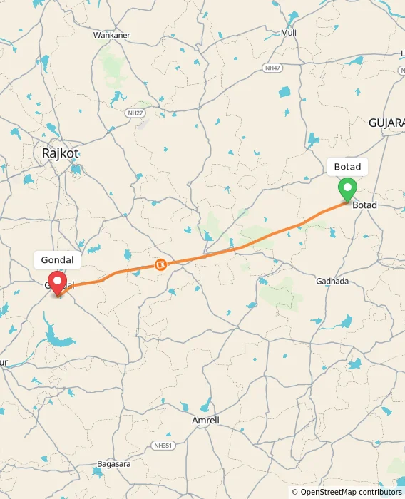 Route map showing distance and travel time from Botad, India to Gondal, India