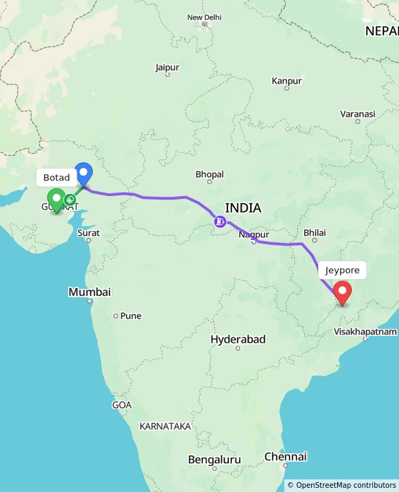 Route map showing distance and travel time from Botad, India to Jeypore, India