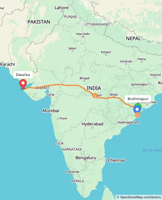 Route map showing distance and travel time from Brahmapur, India to Dwarka, India