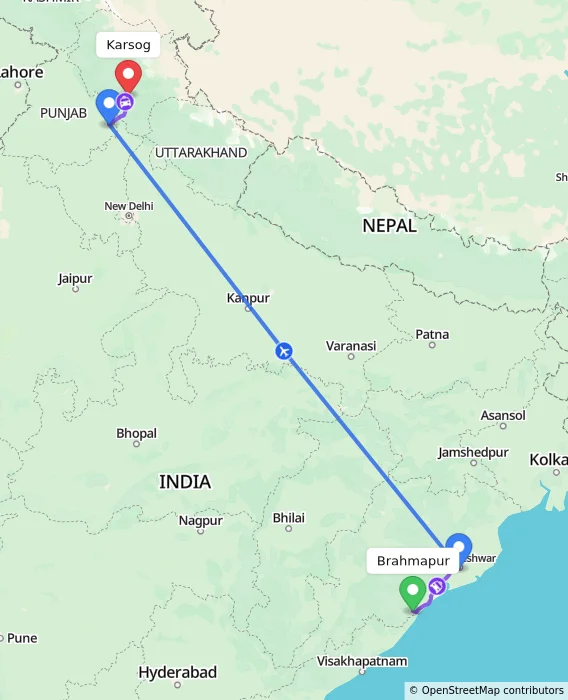 Route map showing distance and travel time from Brahmapur, India to Karsog, India