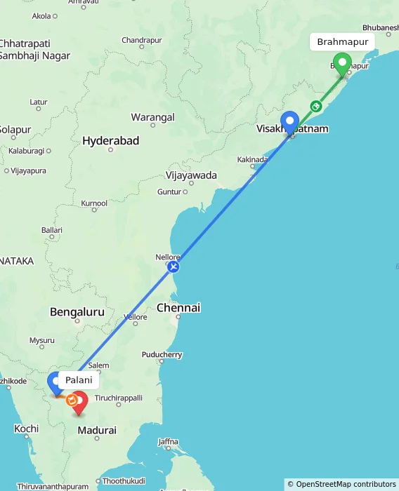 Route map showing distance and travel time from Brahmapur, India to Palani, India