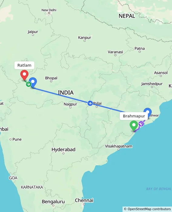 Route map showing distance and travel time from Brahmapur, India to Ratlam, India