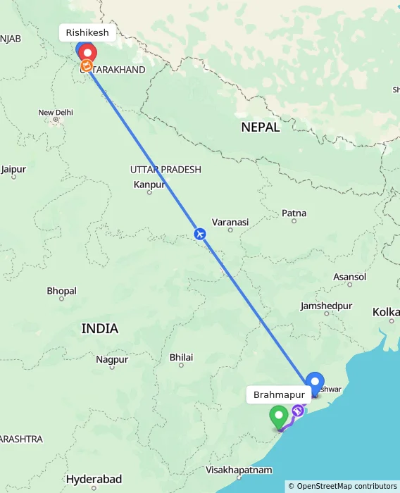 Route map showing distance and travel time from Brahmapur, India to Rishikesh, India