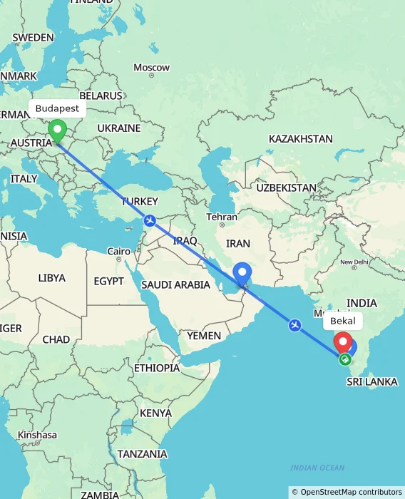 Route map showing distance and travel time from Budapest, Hungary to Bekal, India