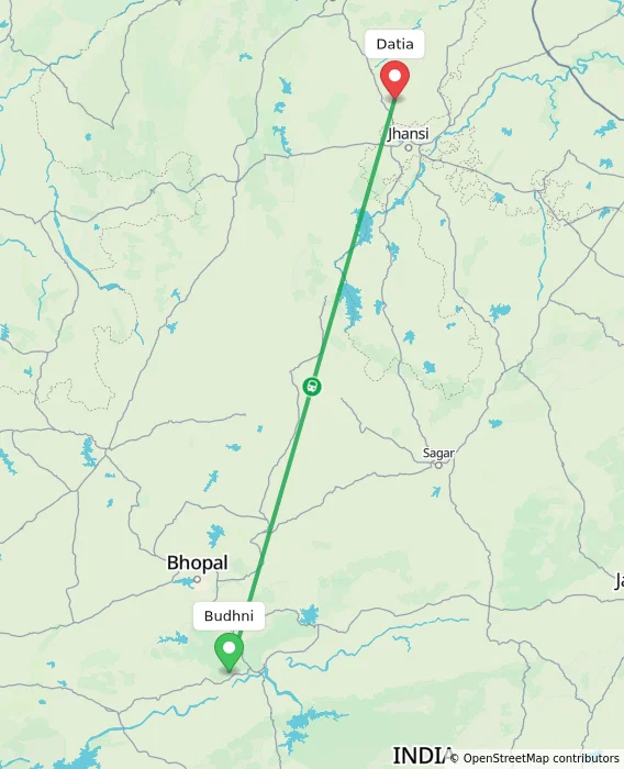 Route map showing distance and travel time from Budhni, India to Datia, India