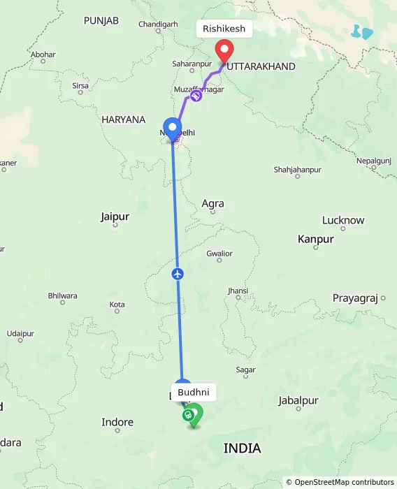 Route map showing distance and travel time from Budhni, India to Rishikesh, India